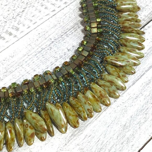 Statement Beaded Fringe Necklace Toggle Clasp Green Brown Blue Beads - Picture 4 of 6